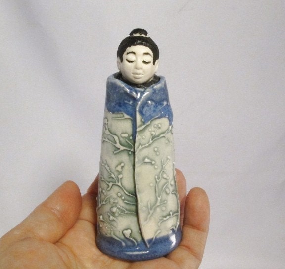 Ceramic Little Buddha Jar Empty Vessel in Blue and Gray Green - OOAK