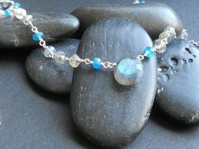 Labradorite and Neon Blue Apetite Wire Wrapped Necklace