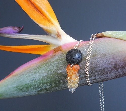 Lava Flow - Smooth Lava Rock and Shaded Mexican Fire Opal Gemstone Cluster Necklace