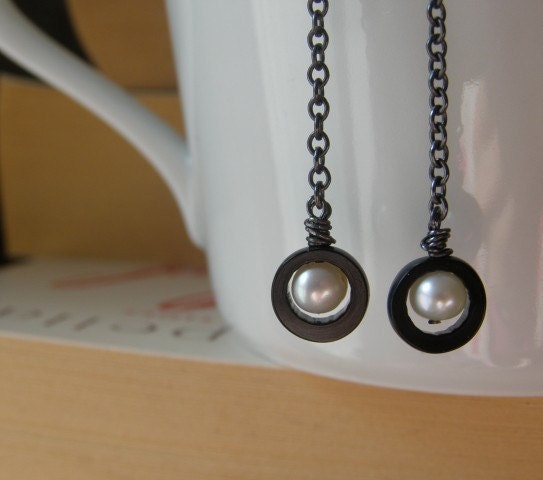 Pearl Lady Earrings in Acrylic, Pearl and Oxidised Silver