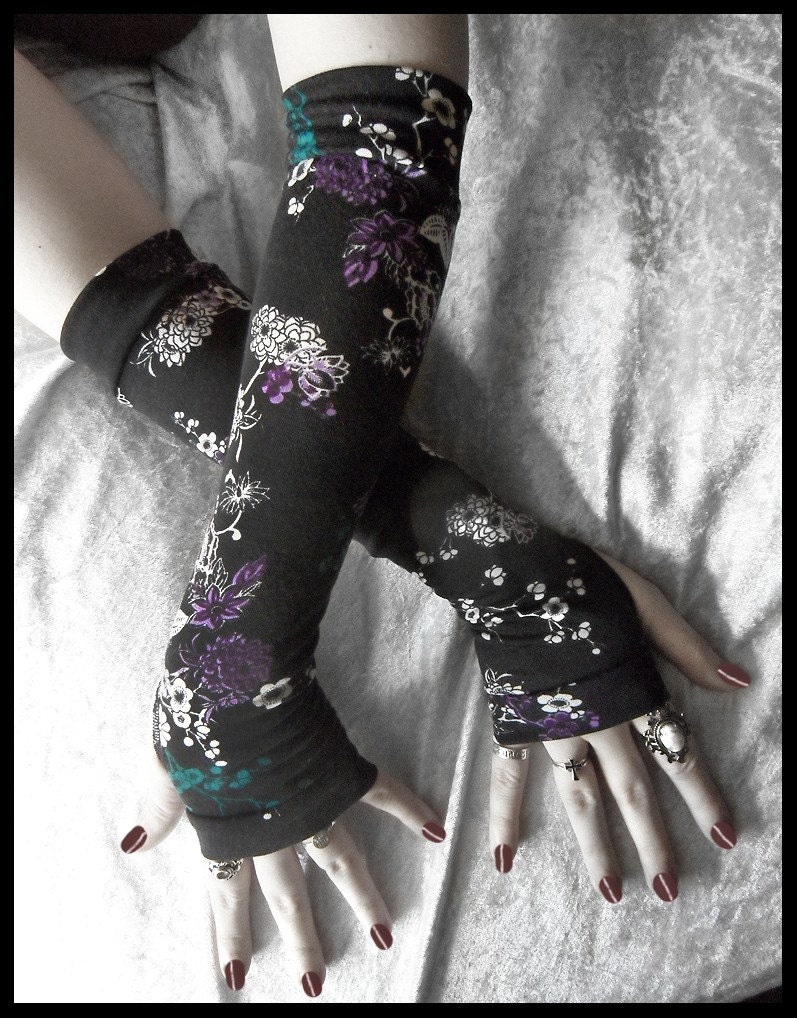 Dianthus Dreaming Arm Warmers - Black - Teal Green Violet Purple Lavender White Floral - Yoga Gothic Belly Dance Goth Cycling Hooping Light