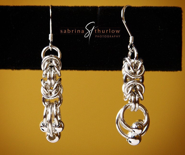 Chainmaille byzantine earrings - sterling silver beaded chainmail for women