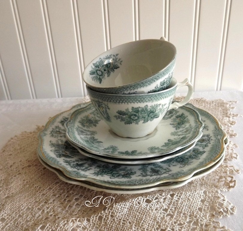 Antique Grindley Tea Cups, Saucers and Dessert Plates by avintageobsession on etsy