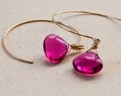Pink Quartz Gold Hoop Earrings, Rubelite Tourmaline, 14k Gold Fill