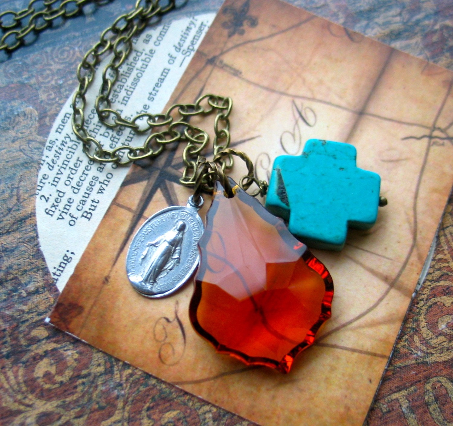 Amber Crystal Chandelier Prism Necklace Turquoise Cross Religious Medal Boho Gypsy Chic LAST ONE