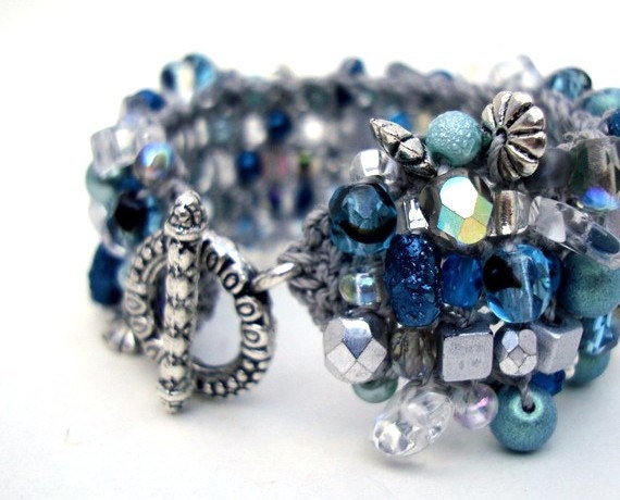 Teal Statement Bracelet - Beaded Cuff - Coastal Spring Fashion Accessories hand knit wearable art, pearl and crystal teal, green, silver