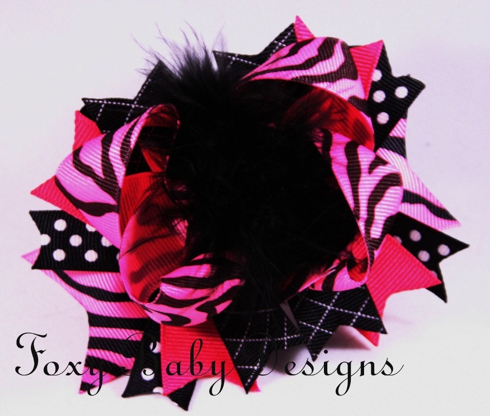 Hot Pink and Black Zebra Print Marabou Bow