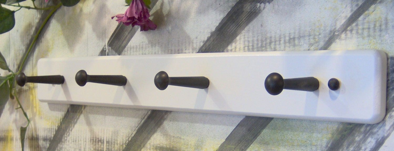 White with black solid wood 5 peg for coats, hats and garments and cups
