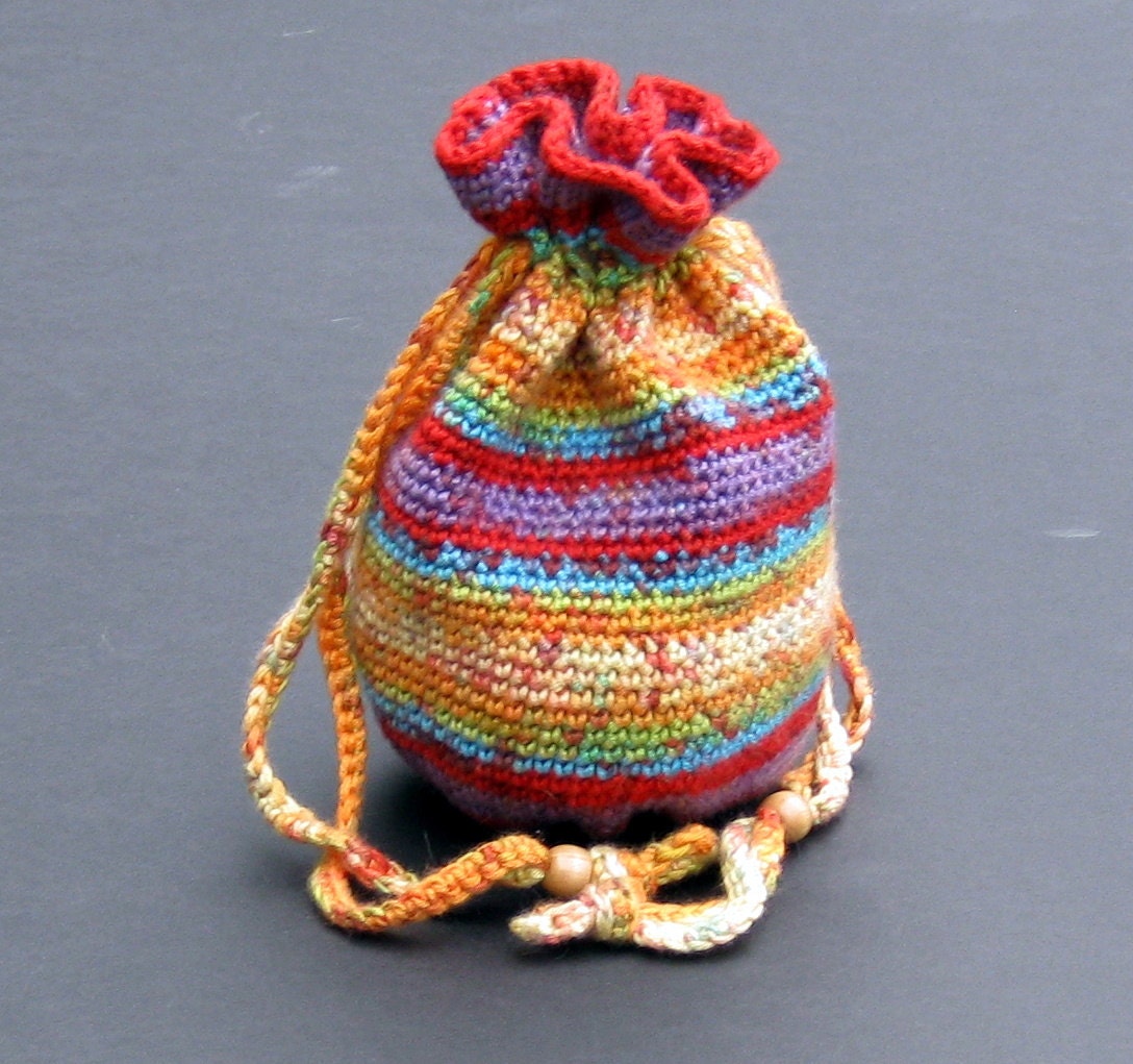 Sale Drawstring Pouch Bag Red Yellow Blue Green Crochet Southwestern Colors Ready To Ship Handmade tt team KW45
