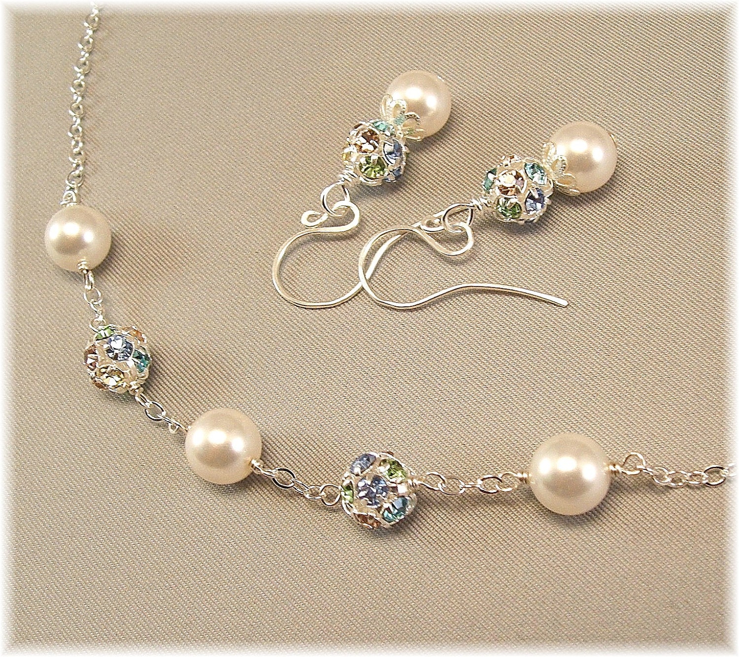 Pastel Crystal and White Pearl Wedding Necklace and Earring Set - White Swarovski Pearls and Multi Crystal Rhinestone Beads