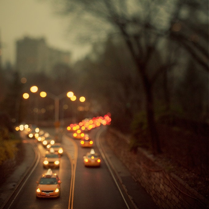 Taxis at Night, New York City Photograph, Central Park NYC in the fog, Dreamy travel photography - Taxicab Confessions