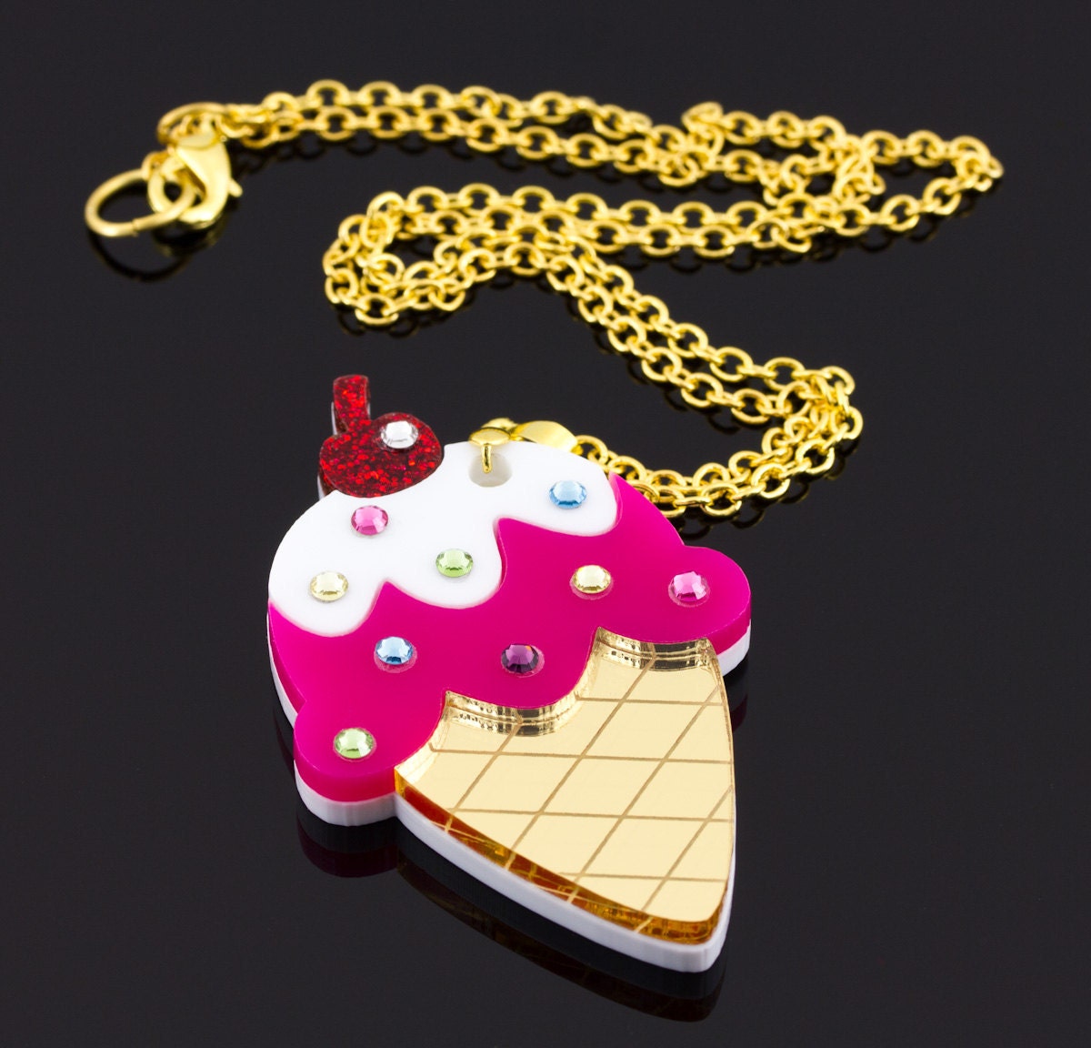 Vanilla and Strawberry Ice Cream Cone Layered Laser Cut Acrylic Pendant with Swarovski Crystal Sprinkles