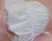 Baby Bonnet,  Christening Bonnet, Pretty All White Cotton with Eyelet Ruffle, (SIZE 0-9MONTHS) Trimmed with Satin Ribbon and Rose