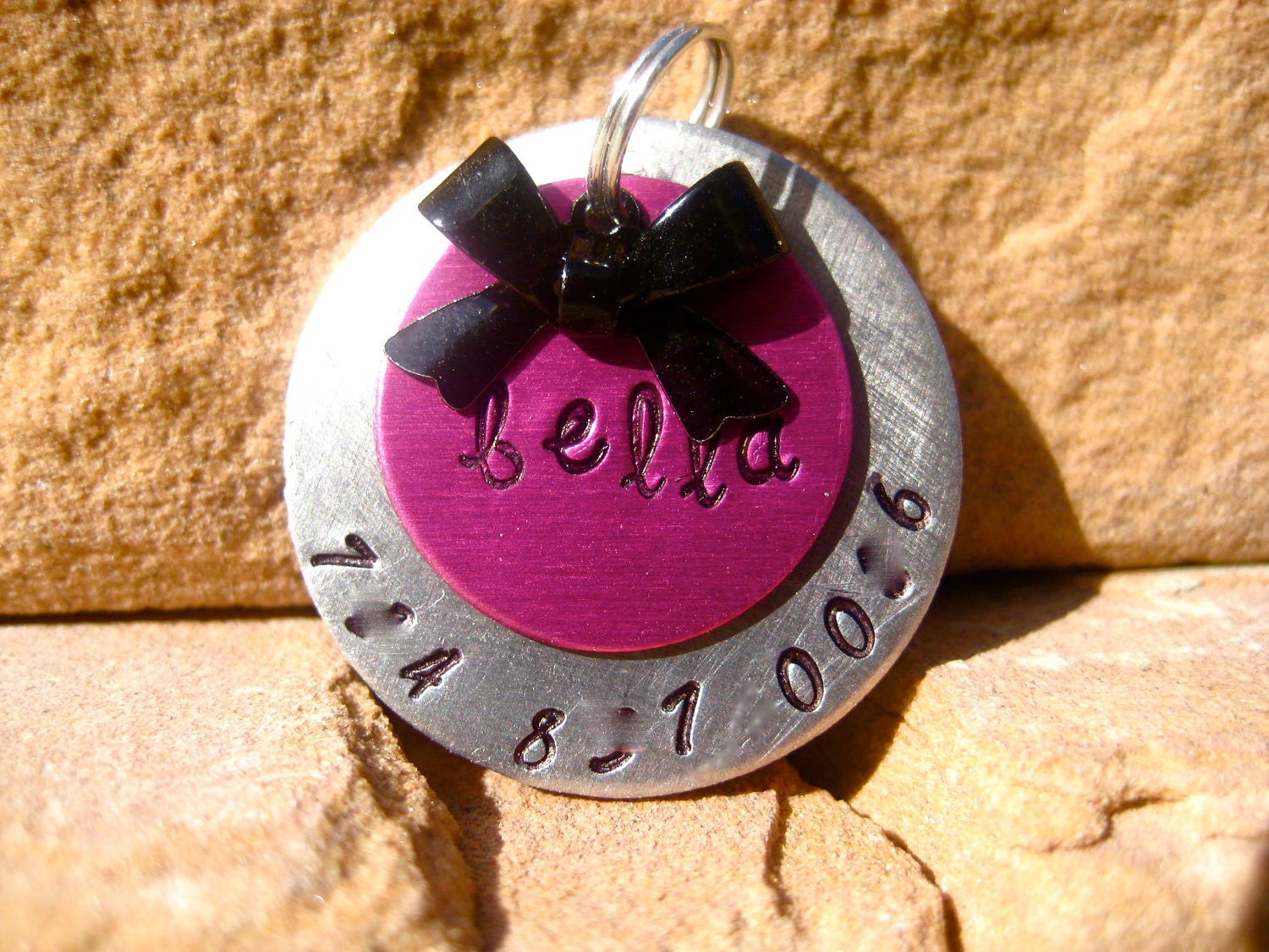 The Bella - Unique Handstamped Pet ID Tag Layered 2 Disc Bow Dogs