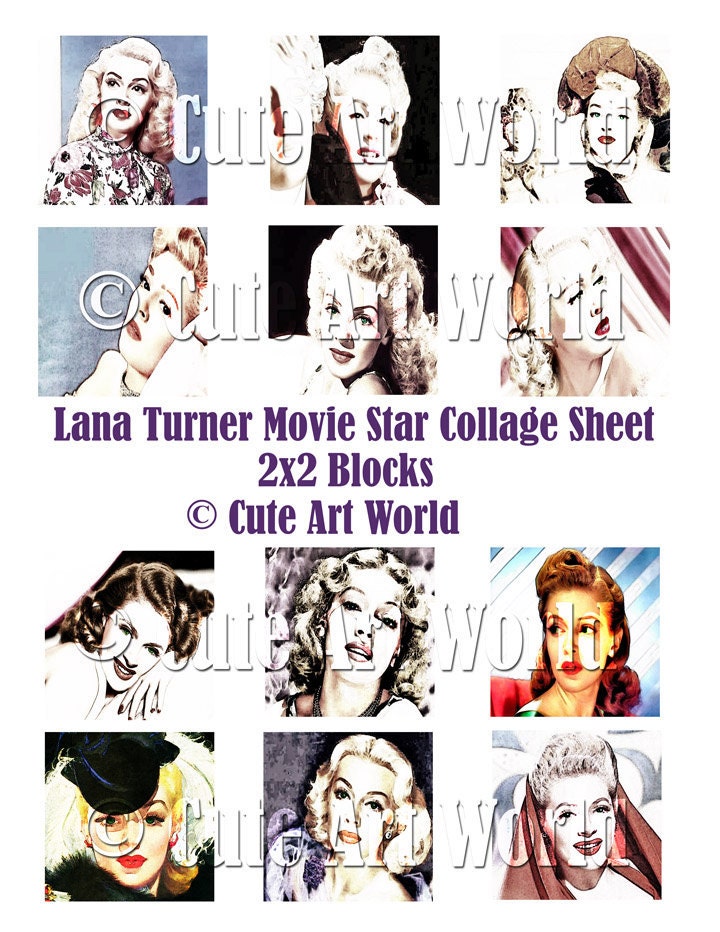 Digital Collage Sheet 2x2 inches block square Vintage Lana Turner Hollywood Movie Star Altered Art Card Making Scrapbooking Journals Soldered Glass Hang Tags Jewelry Making