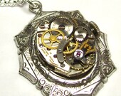 Antique Silver  Vintage 15 Jewel Bulova Watch Movement Swarovski Crystal Gothic Steampunk Necklace Pendant  (A10)