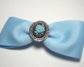 Adorable Antique Silver Light Baby Powder Blue and Black  Rose  Cameo Gothic Lolita Blue Steampunk Hair Bow Barrette Pin Clip