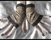 Little Matchstick Girl Fingerless Gloves - Tan Black Paisley Floral - Lace - Victorian Gothic Vampire Regency Dark Tribal Belly Dance Goth