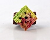 Crochet Ring Diamond Shape Applique Yellow, Lime Green, Rust, Rose On Brown Band