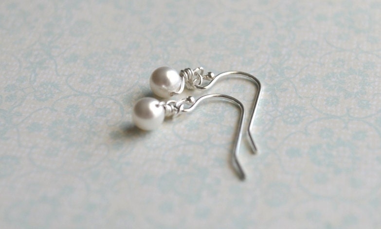 Tiny Pearl Earrings - white, swarovski, sterling silver, simple, wedding - adencreations