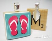 Scrabble Pendant - Flip Flops (pink on blue) (OMP190) - Scrabble Tile Pendant Charm Necklace