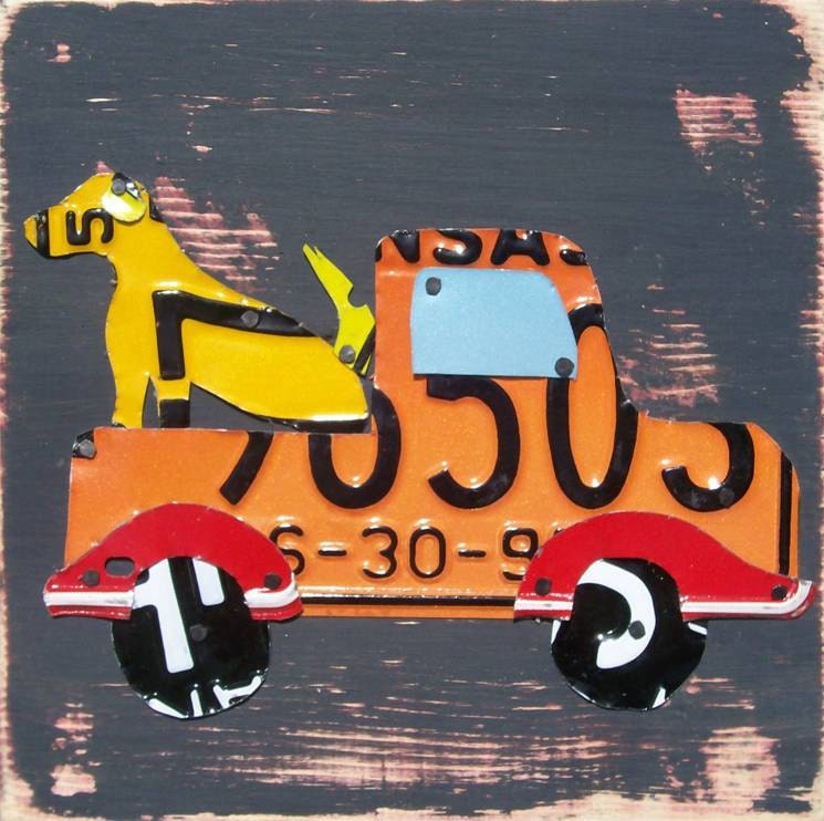 License Plate Art - Farm Dog in Transportation Truck - Recycled Art Company - Salvaged Wood - Upcycled Artwork