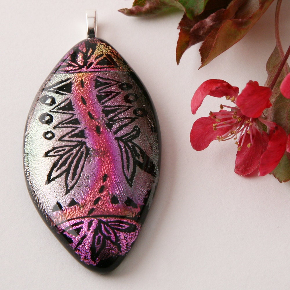 Tribal Football Dichroic Glass Pendant - Hand Etched