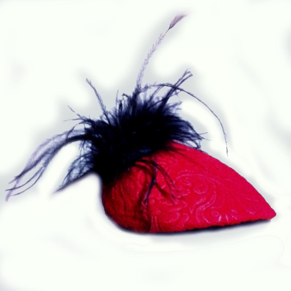Scroll Textured Red Teardrop Fascinator Hat with Ostrich Feathers