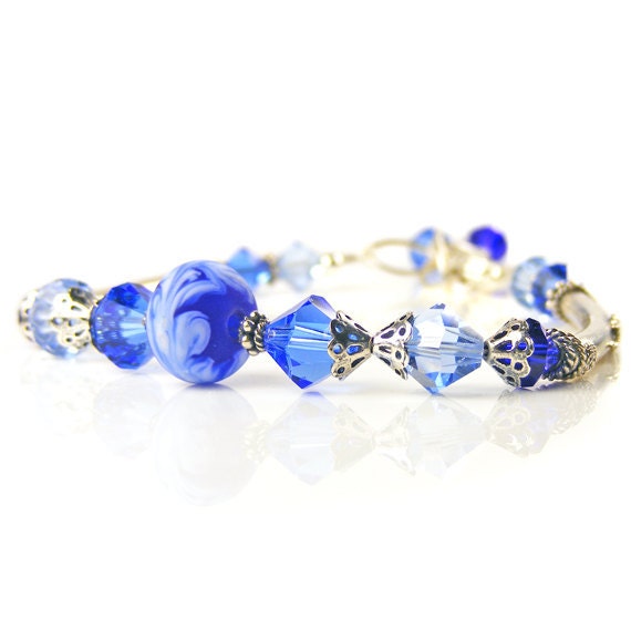Sapphire Blue Bracelet, Lampwork Glass & Sterling Silver OOAK