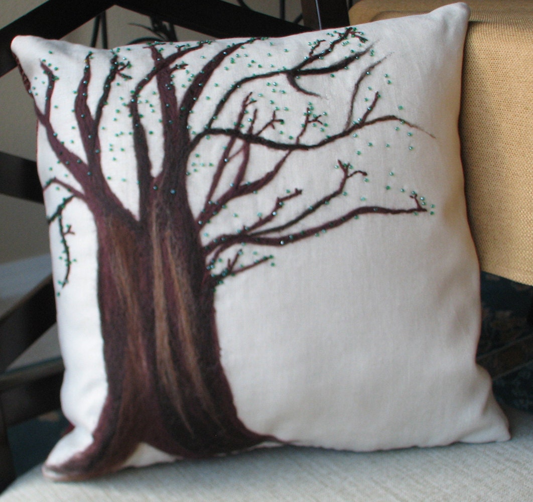 Handmade Wool Tree Pillow is Bird Nest Ready, throw pillow, tree pillow, needle felt, cushion, decorative pillow