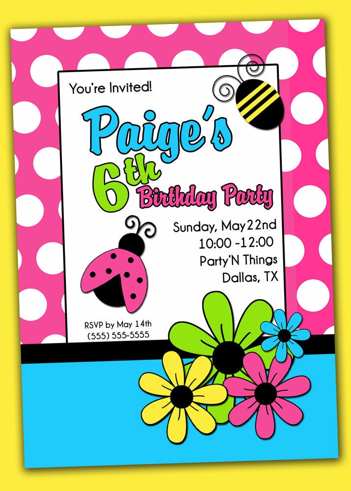 You Print Garden Party Ladybug Flower Birthday Invitation