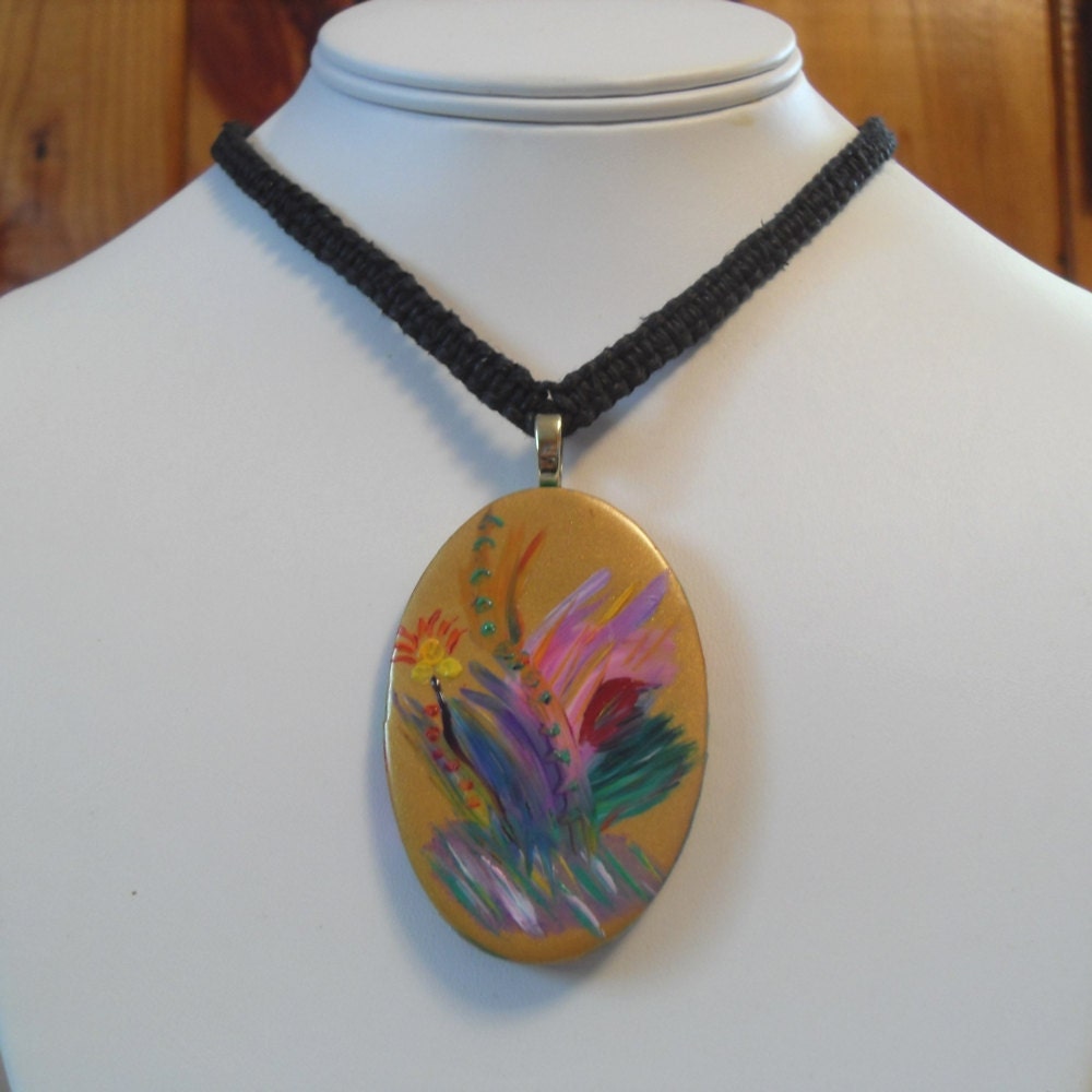 Handpainted Floral Polymer Clay Hemp Necklace