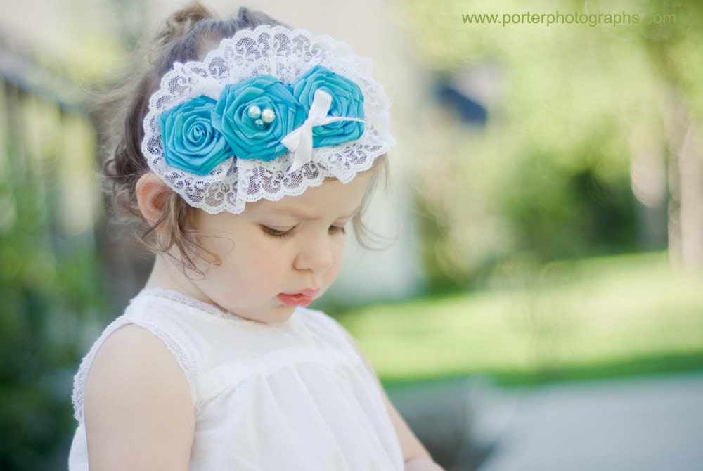 Deep Blue Sea - Handmade Baby Girl Headband in Aqua Blue with White Lace and Pearls - Custom Made for All Ages