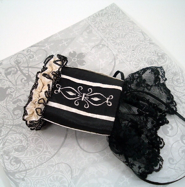 Embroidered Cuff Black and Cream with Lace and Ruffles