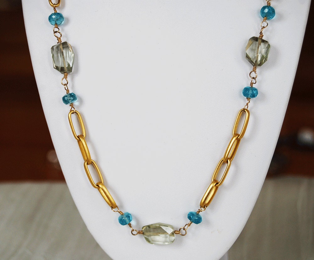 Green amethyst necklace apatite gemstones gold vermeil clasp