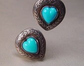 Signed Old Mexico Sky Blue Heart Sterling Silver Earrings Vintage 1940s Jewelry