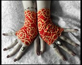 Lasair Lace Fingerless Gloves - Bright True Red Pale Gold Embroidered Floral - Gothic Vampire Wedding Steampunk Burlesque Noir Lolita Goth