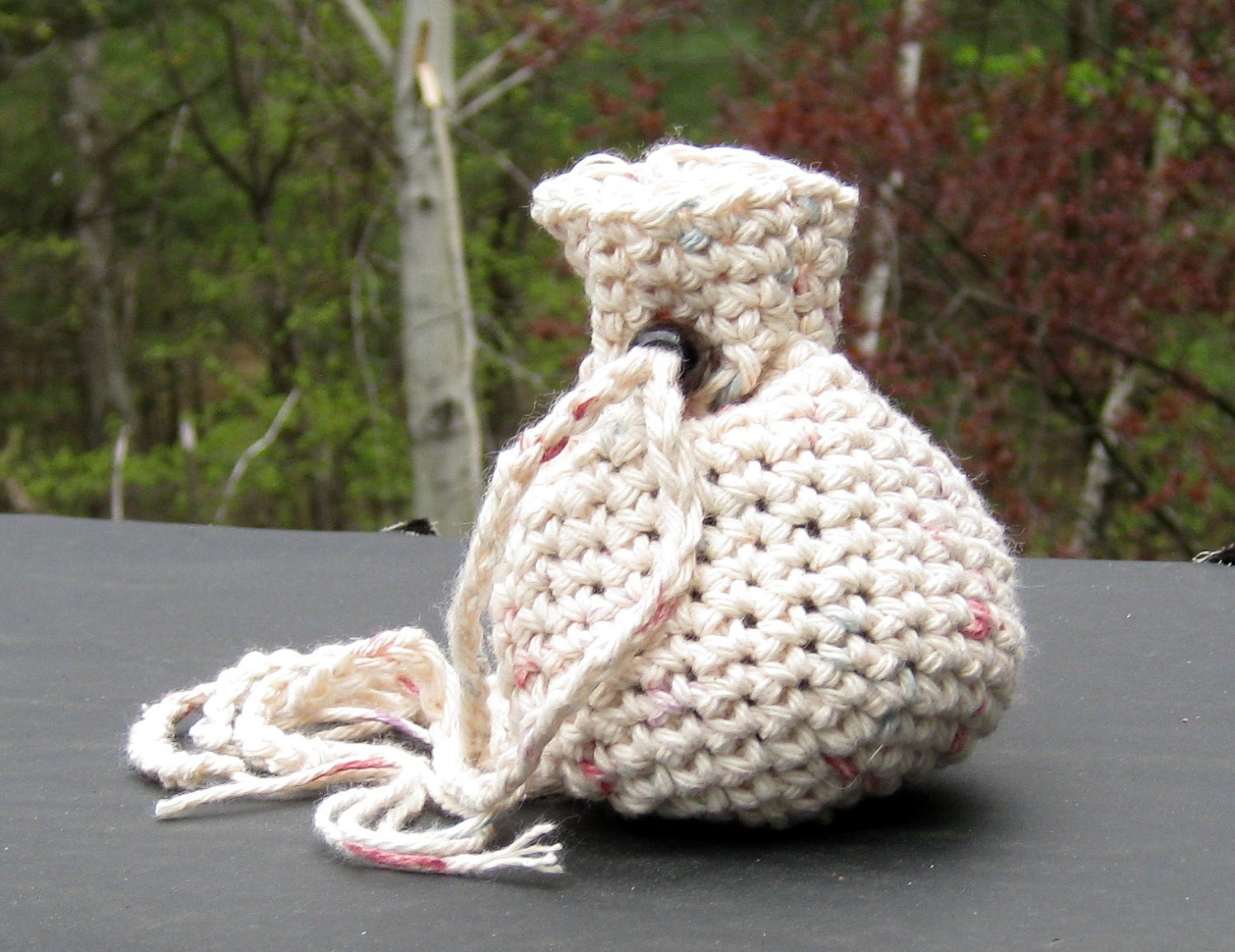 Drawstring Dice Bag Small Beige Cotton Crochet Change Purse KW38