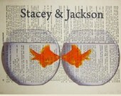 Your name with two kissing gold fishes-ORIGINAL personalized ARTWORK , Hand Painted  on 1920 Parisien Magazine 'La Petit Illustration'