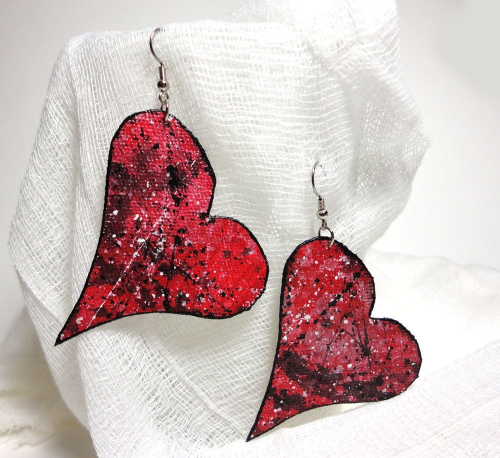 Heart Earrings - handpainted canvas - red with black and white splashes
