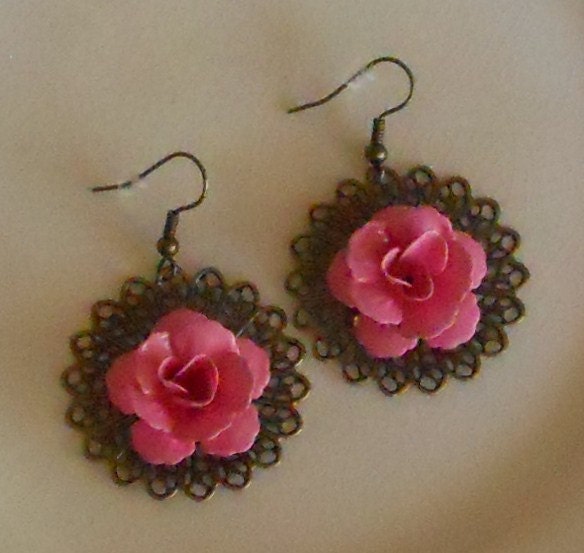 Bright Pink Rose Earrings