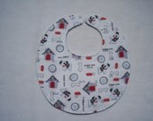 Baby bib, four soft layers, reversible, white with cute puppies