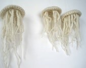 Sale - Set of Three Moon Jellyfish Beach Cottage Decor Ornaments in natural unbleached white wool