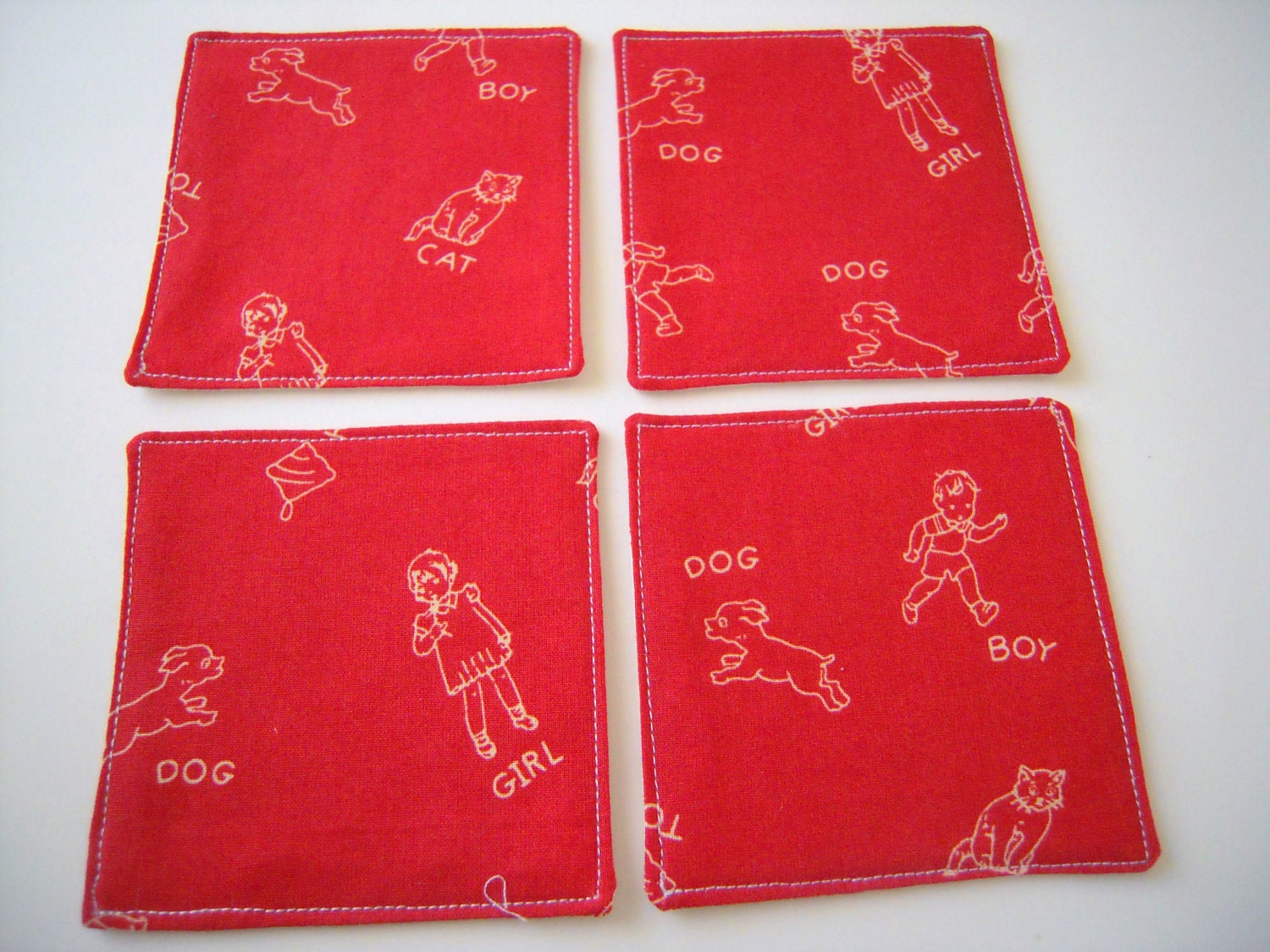 Set of Boy,Girl,Cat And Dog Coasters/Red