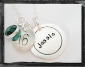 Sterling Silver Name Disc and design stamp or Sports Number Necklace with Birthstone