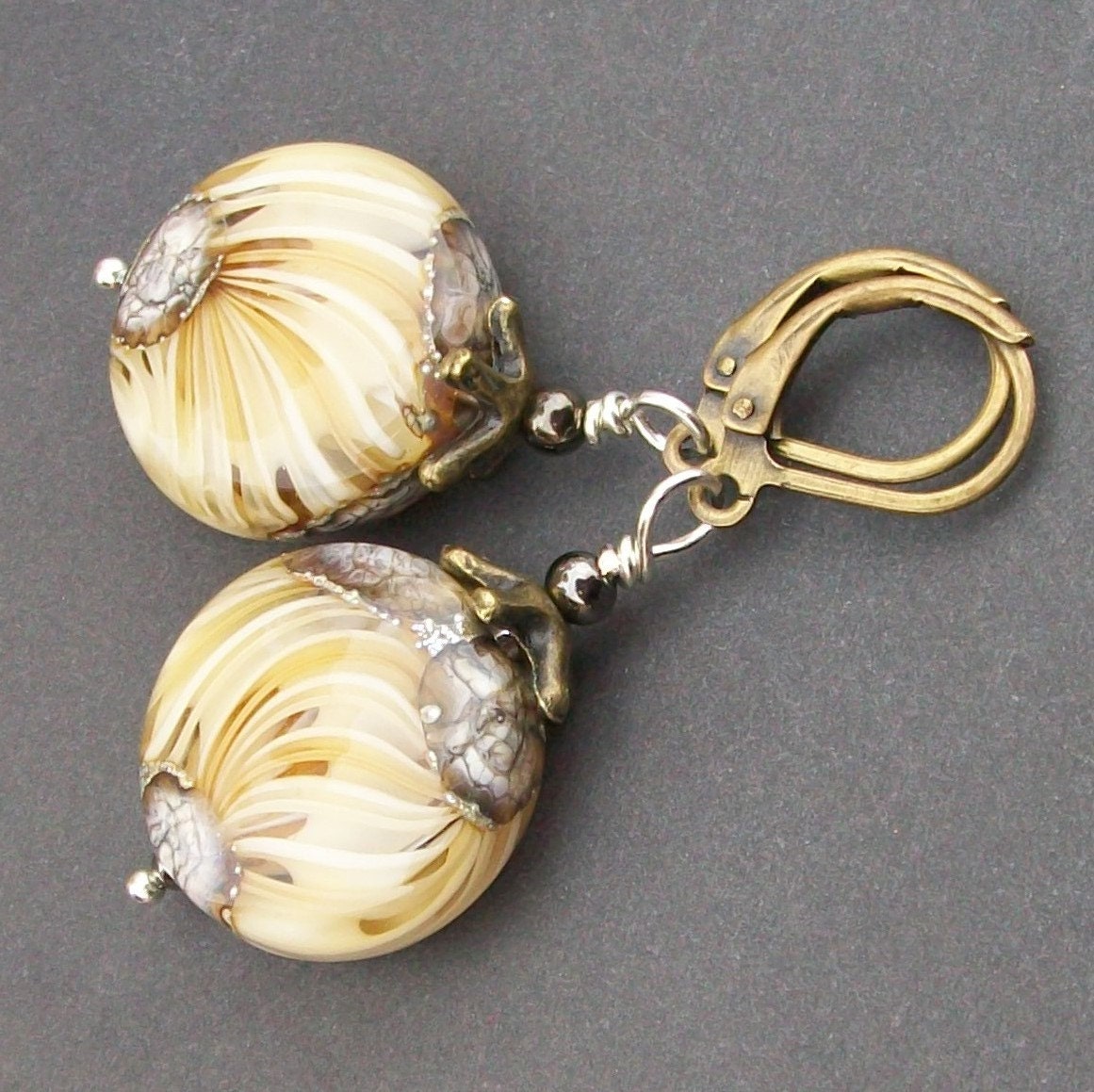 lampwork earrings beautiful ivory  ribboned bead- perrenials
