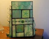 Stained Glass Aqua and Green Candle Holder and Suncatcher