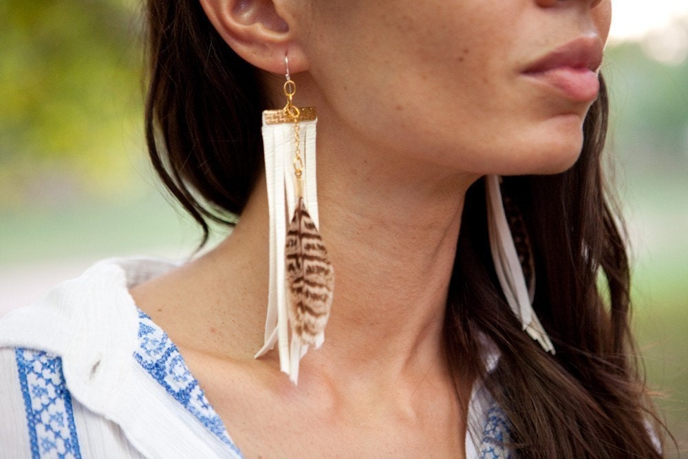 long white leather fringe earrings with brown and tan feather
