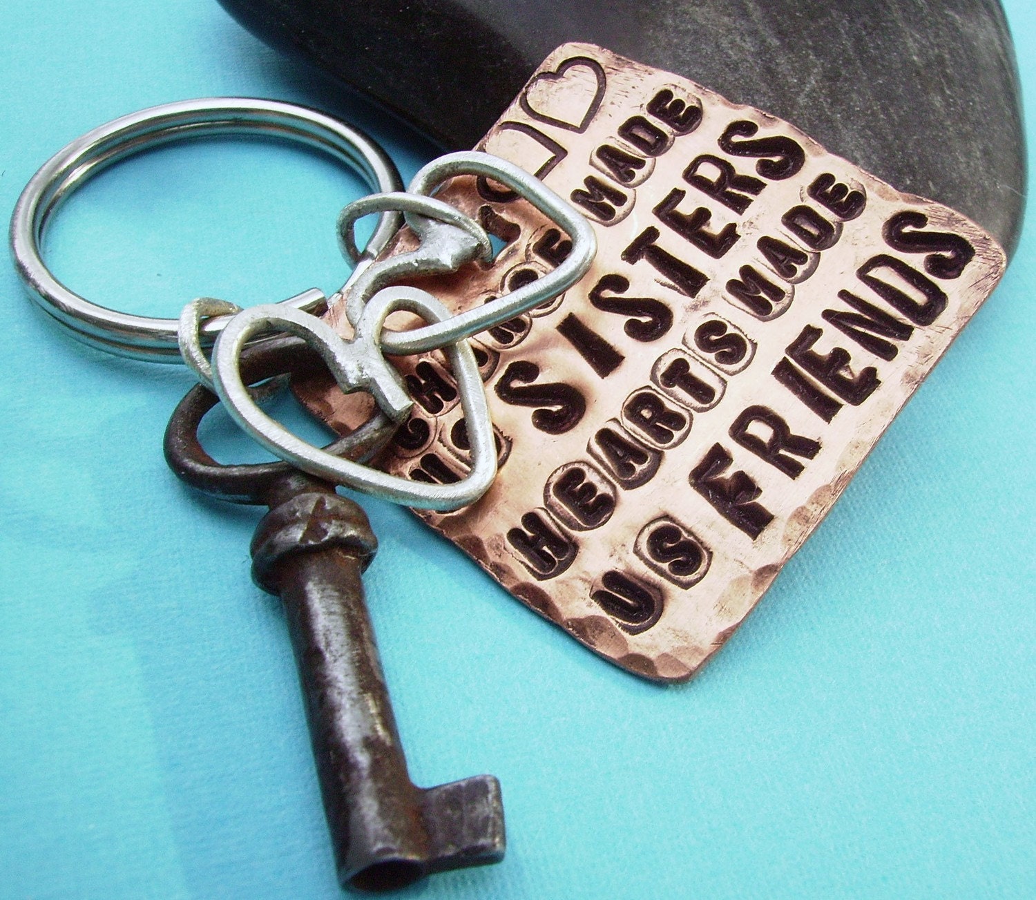 SISTER Friends Key Chain - Hand Stamped Rustic Antiqued Copper and sterling silver from KEY SERIES can be customized