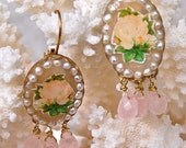 Lilygrace Vintage Golden Yellow Rose Oval Cameo Earrings with Freshwater Pearls and Rose Quartz